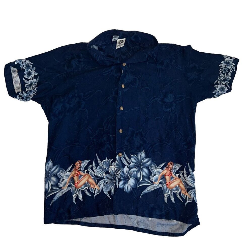 Kennington Hawaiian Shirt Size Large Bikini Girl Floral Graphic Button Down Blue